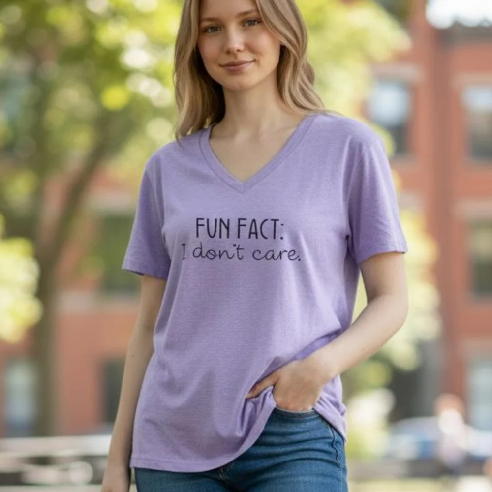 NWT S & M 'FUN FACT: I Don't Care" V Neck Tee Shirt - Picture 2 of 6